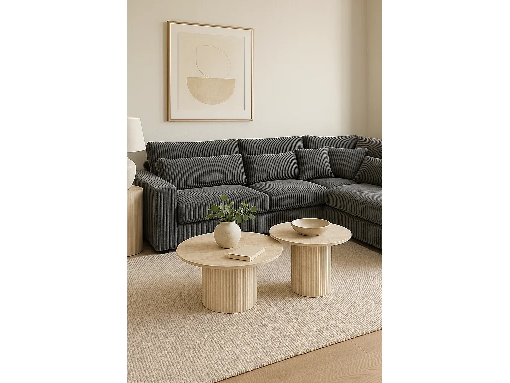 Duo de Tables Basses Gigognes MINA Effet Travertin & Plateau Céramique – 60x45 / 80x38 cm - Travertin