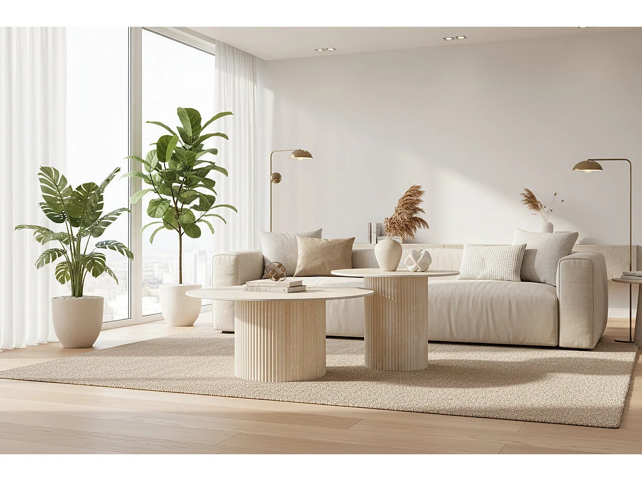 Lot 2 Tables Basses Gigognes MINA Effet Travertin Plateau Céramique Travertin D80xH38cm/D60xH45cm