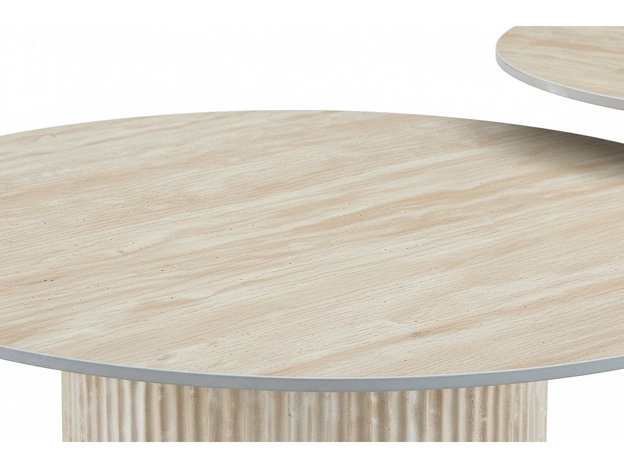 Lot 2 Tables Basses Gigognes MINA Effet Travertin Plateau Céramique Travertin D80xH38cm/D60xH45cm