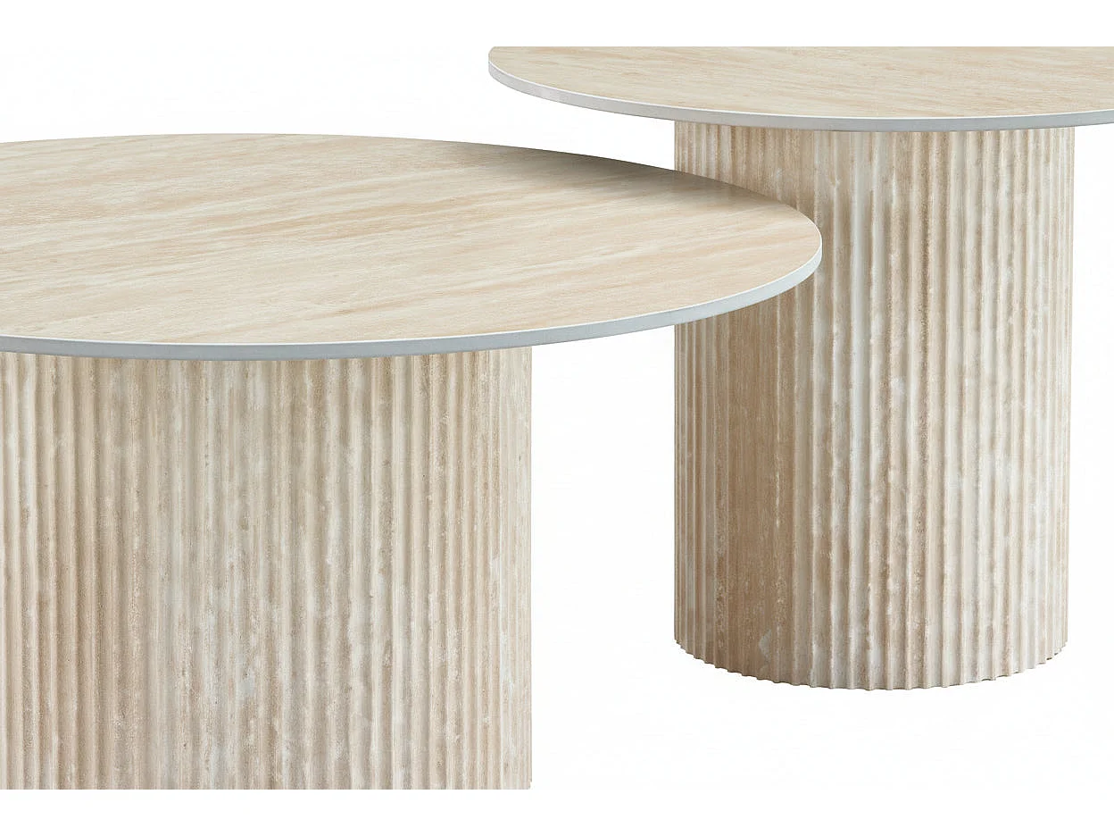 Lot 2 Tables Basses Gigognes MINA Effet Travertin Plateau Céramique Travertin D80xH38cm/D60xH45cm