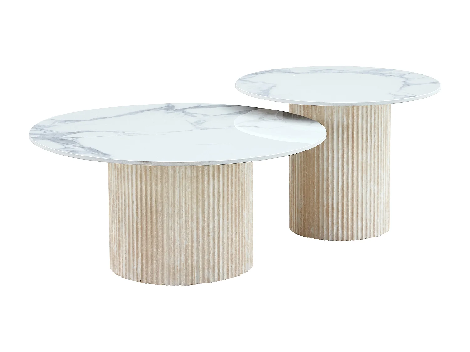Lot 2 tables basses gigognes travertin céramique D80 D60 MINA
