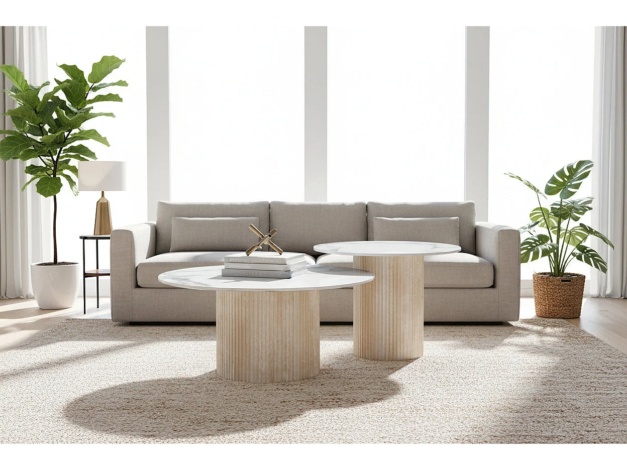 Lot 2 tables basses gigognes travertin céramique D80 D60 MINA
