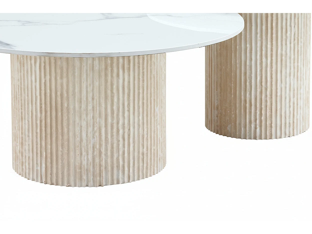 Lot 2 tables basses gigognes travertin céramique D80 D60 MINA