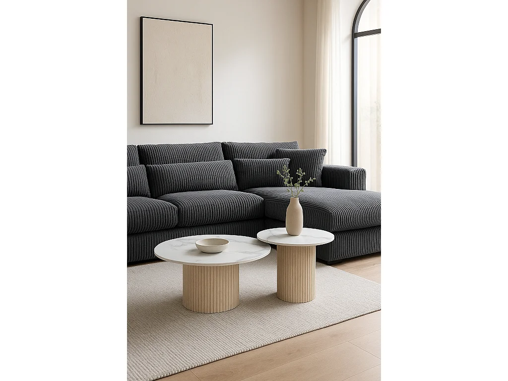 Lot 2 tables basses gigognes travertin céramique D80 D60 MINA