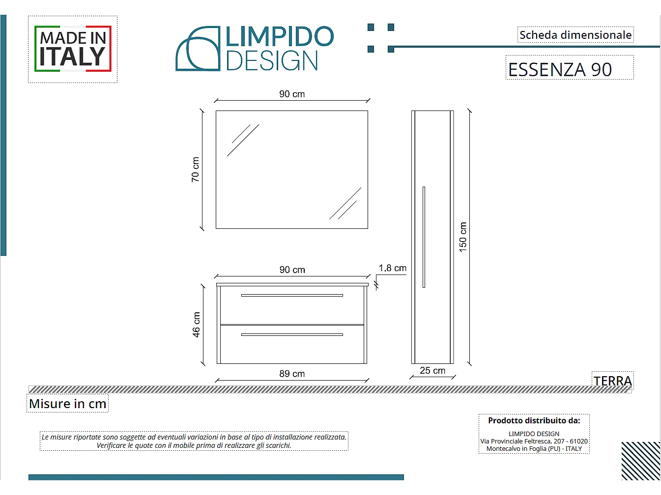 Mobile bagno con lavabo integrato L 90 x H 45 x P 46 Larice Dolomite Colonna e Specchio