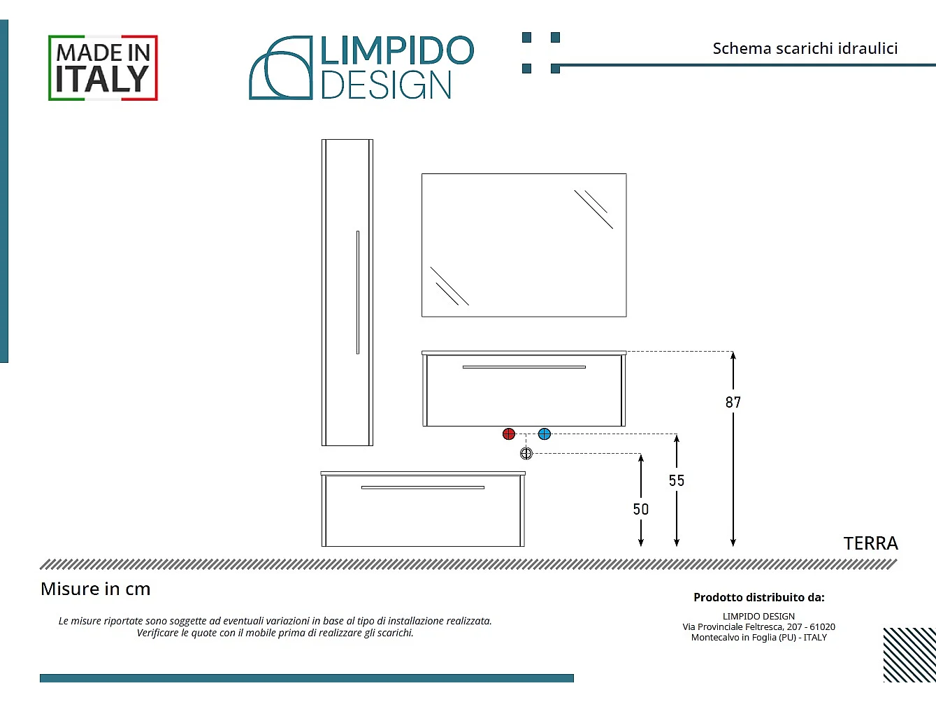 Mobile bagno con lavabo integrato L 100 x H 30 x P 46 Larice Cenere Cassettiera Colonna e Specchio
