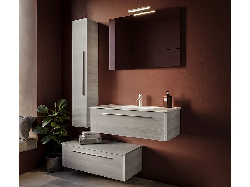 Mobile bagno con lavabo integrato L 100 x H 30 x P 46 Larice Cenere Cassettiera Colonna e Specchio