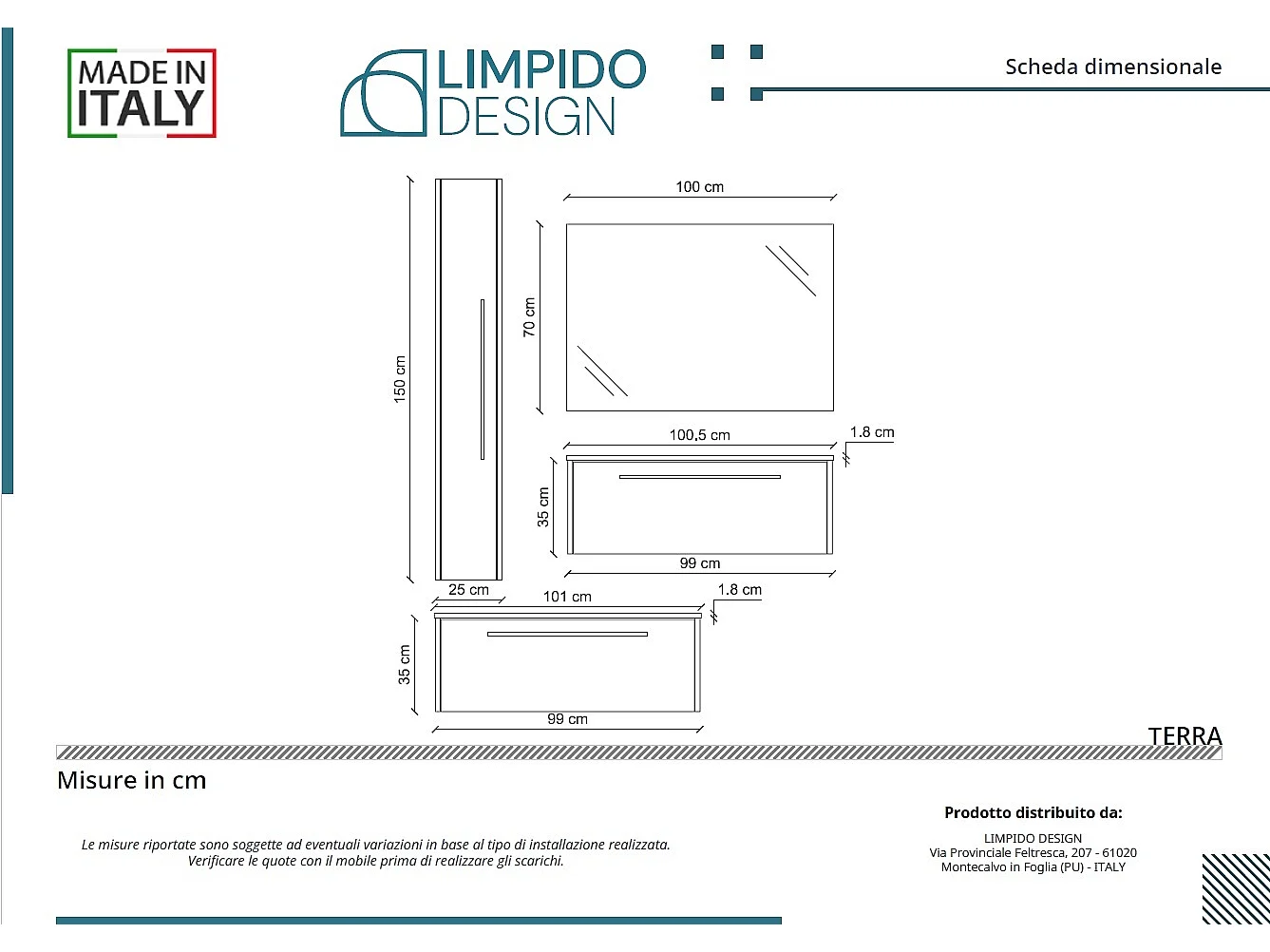 Mobile bagno con lavabo integrato L 100 x H 30 x P 46 Larice Dolomite Cassettiera Colonna e Specchio