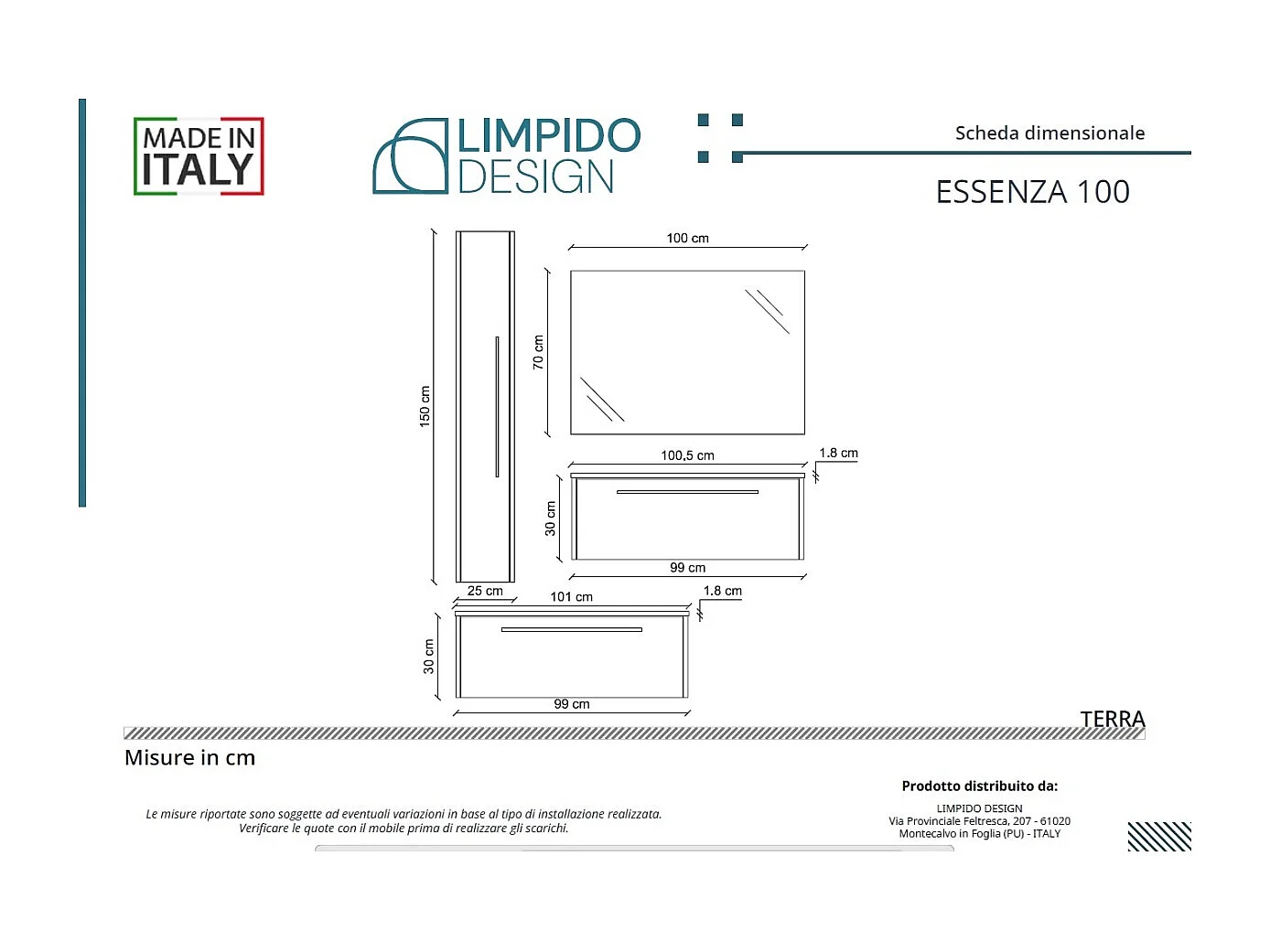 Mobile bagno con lavabo integrato L 100 x H 30 x P 46 Larice Dolomite Cassettiera Colonna e Specchio