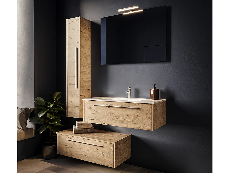Mobile bagno con lavabo integrato L 100 x H 30 x P 46 Larice Dolomite Cassettiera Colonna e Specchio