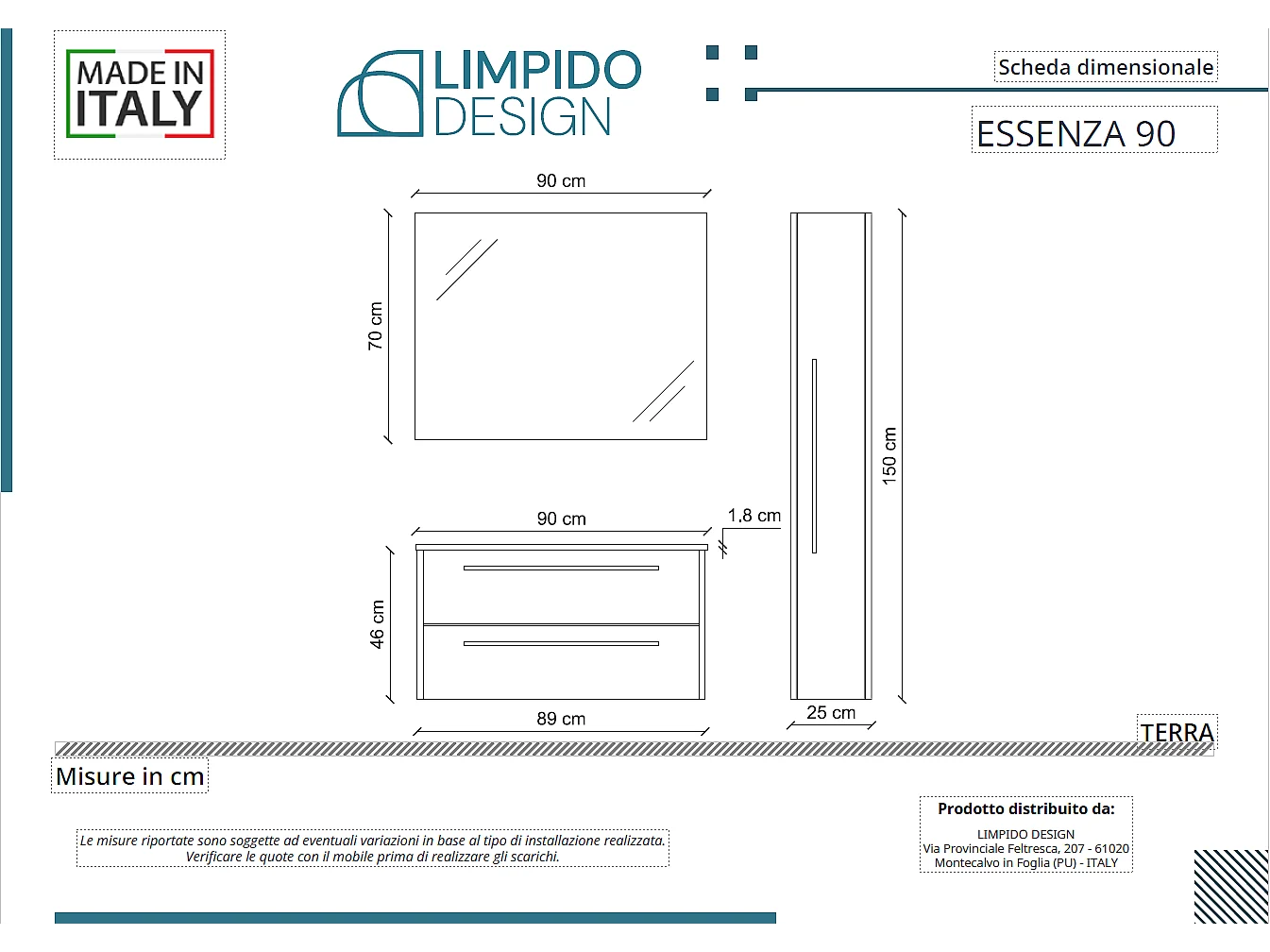 Mobile bagno con lavabo integrato L 90 x H 45 x P 46 Larice Cenere Colonna e Specchio