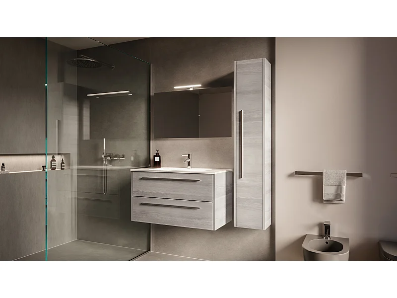 Mobile bagno con lavabo integrato L 90 x H 45 x P 46 Larice Cenere Colonna e Specchio