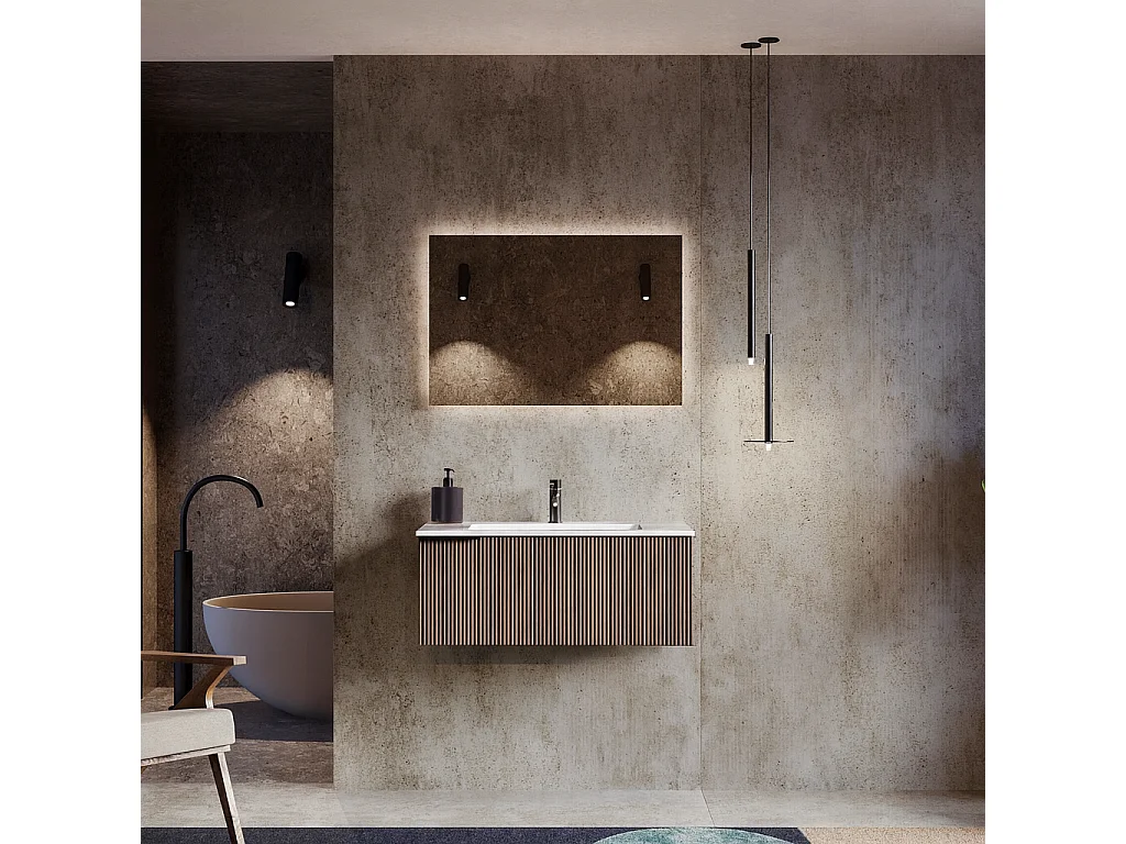 Mobile bagno con lavabo integrato L 90 x H 35,5 x P 46 Noce Nordico Scuro e Specchio