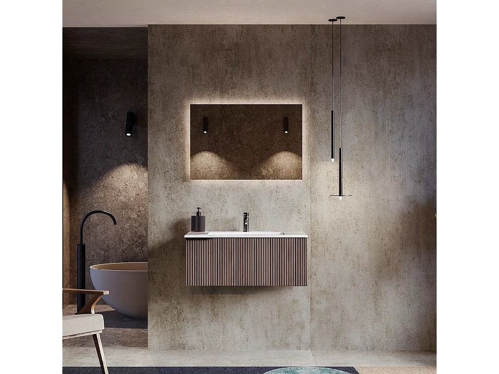 Mobile bagno con lavabo integrato L 90 x H 35,5 x P 46 Noce Nordico Scuro e Specchio