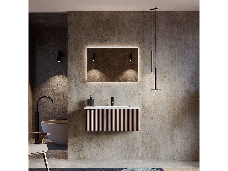 Mobile bagno con lavabo integrato L 90 x H 35,5 x P 46 Noce Nordico Scuro e Specchio