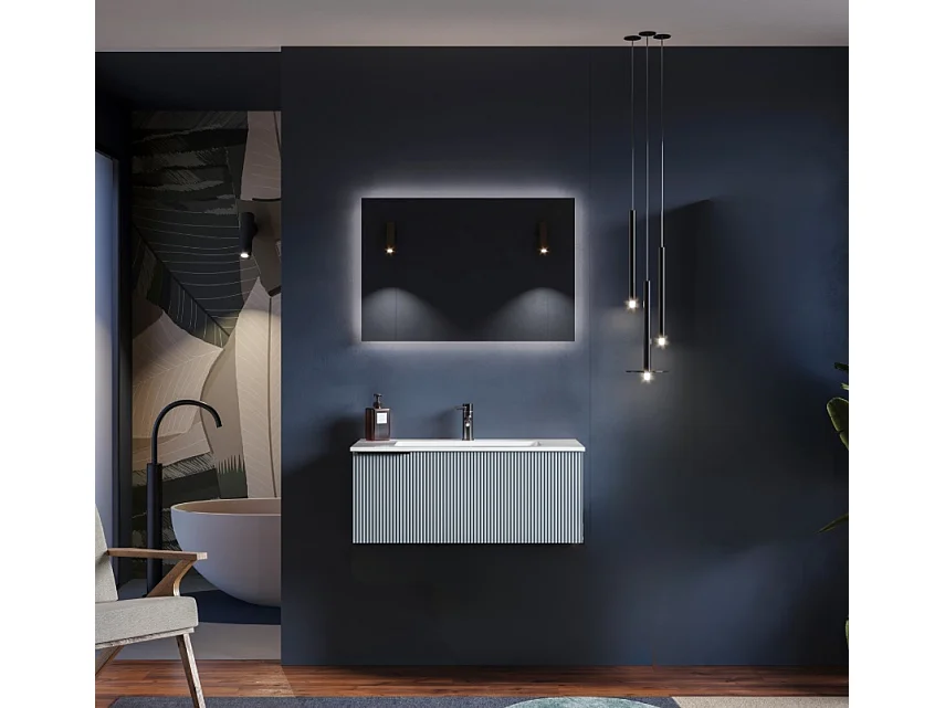 Mobile bagno con lavabo integrato L 90 x H 35,5 x P 46 Azzurro Opaco e Specchio