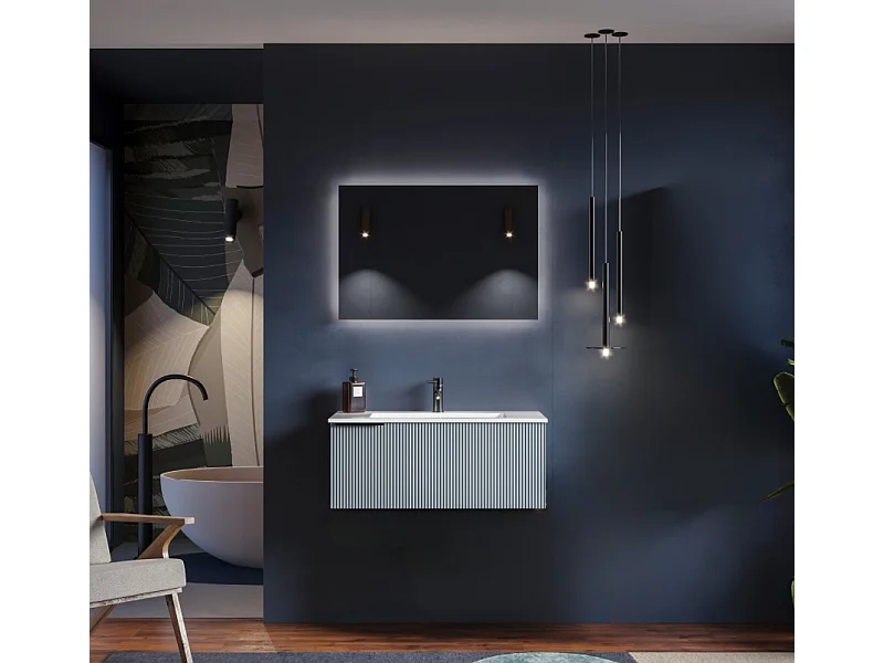 Mobile bagno con lavabo integrato L 90 x H 35,5 x P 46 Azzurro Opaco e Specchio