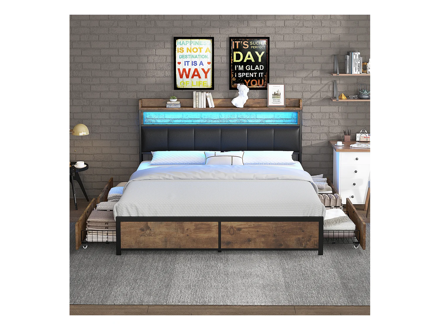 Lit rembourré 140×200 cm avec sommier à lattes et éclairage LED, 4 tiroirs, noir