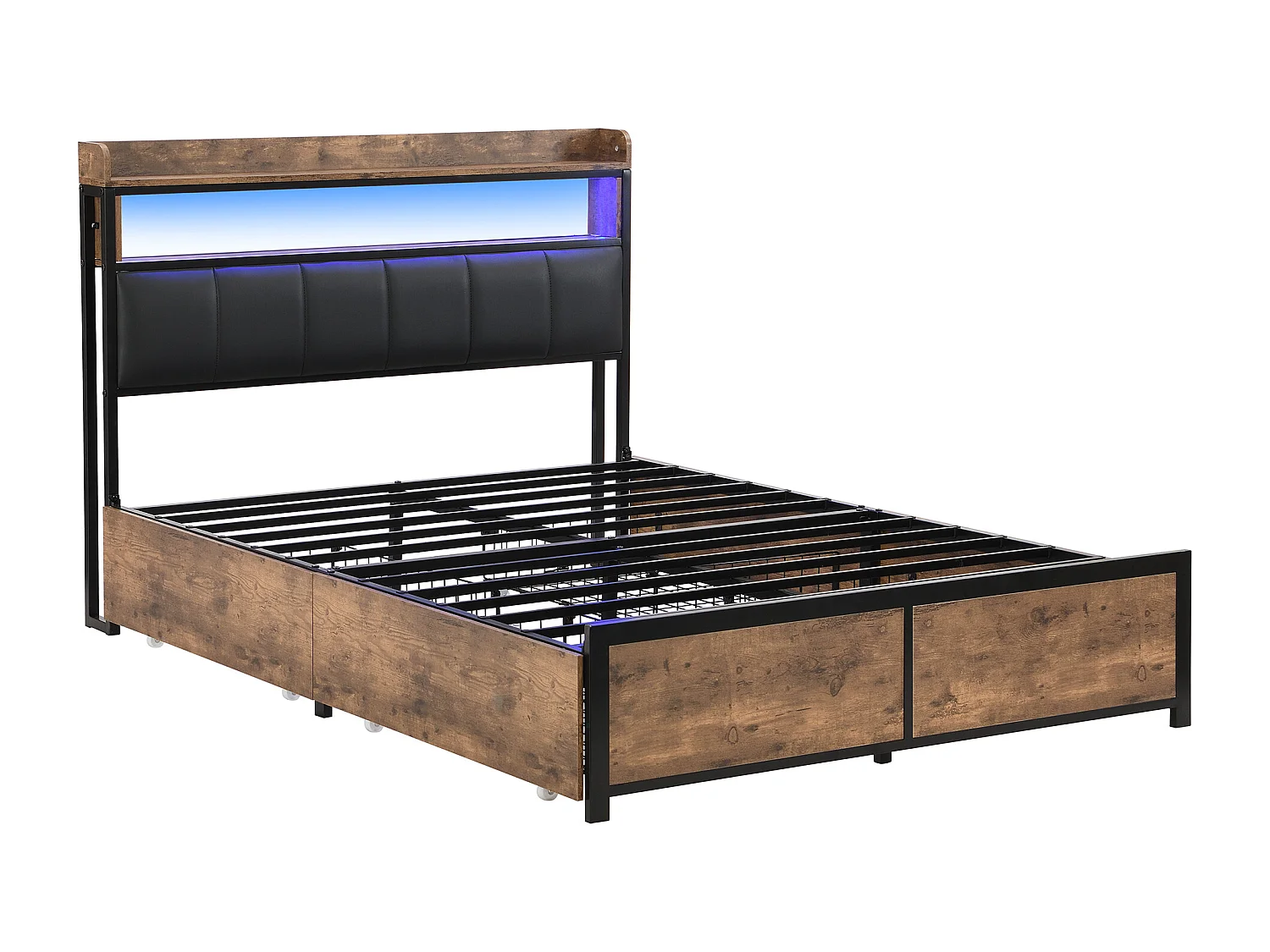 Lit rembourré 140×200 cm avec sommier à lattes et éclairage LED, 4 tiroirs, noir