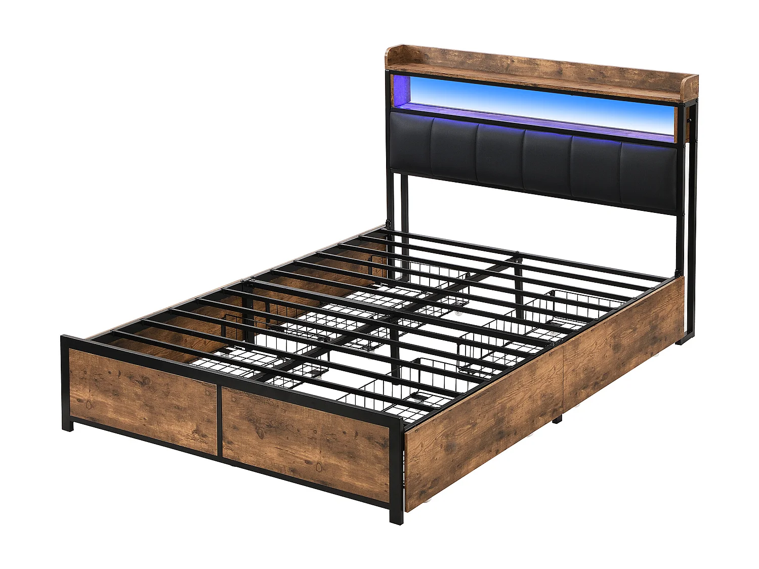 Lit rembourré 140×200 cm avec sommier à lattes et éclairage LED, 4 tiroirs, noir