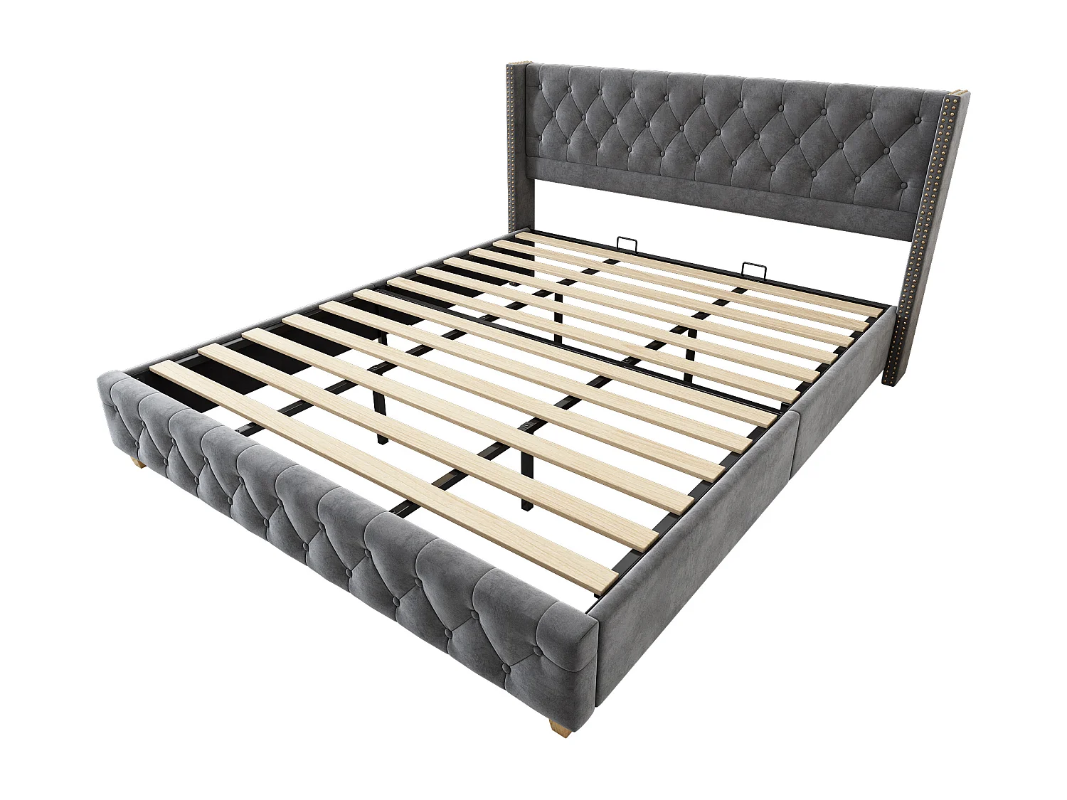 Lit rembourré 180×200 cm avec sommier à lattes et tête de lit, capitonnage, clous décoratifs, pieds en bois, velours, gris