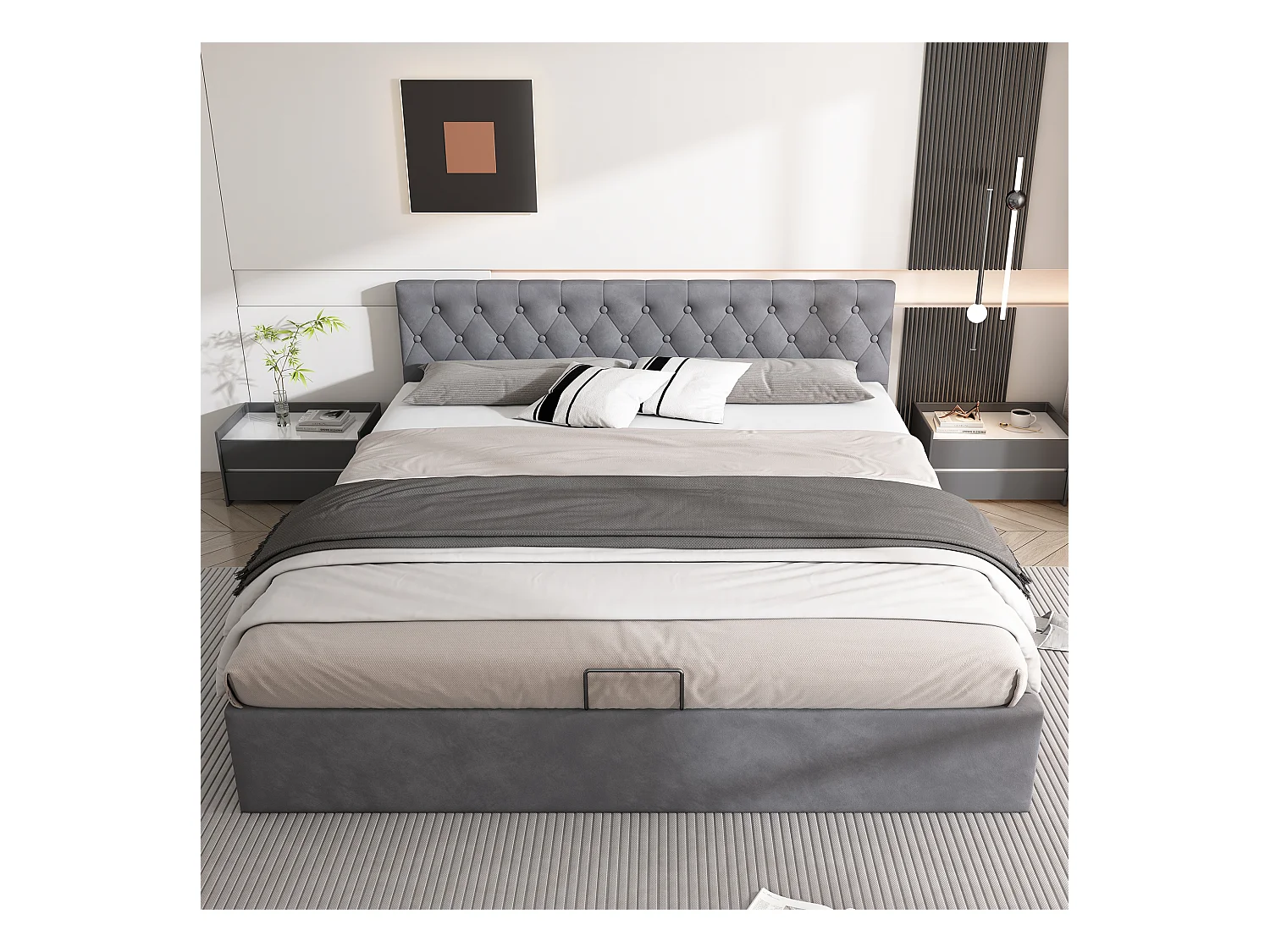 Lit en velours gris 180×200 cm avec tête de lit capitonnée et rangement hydraulique