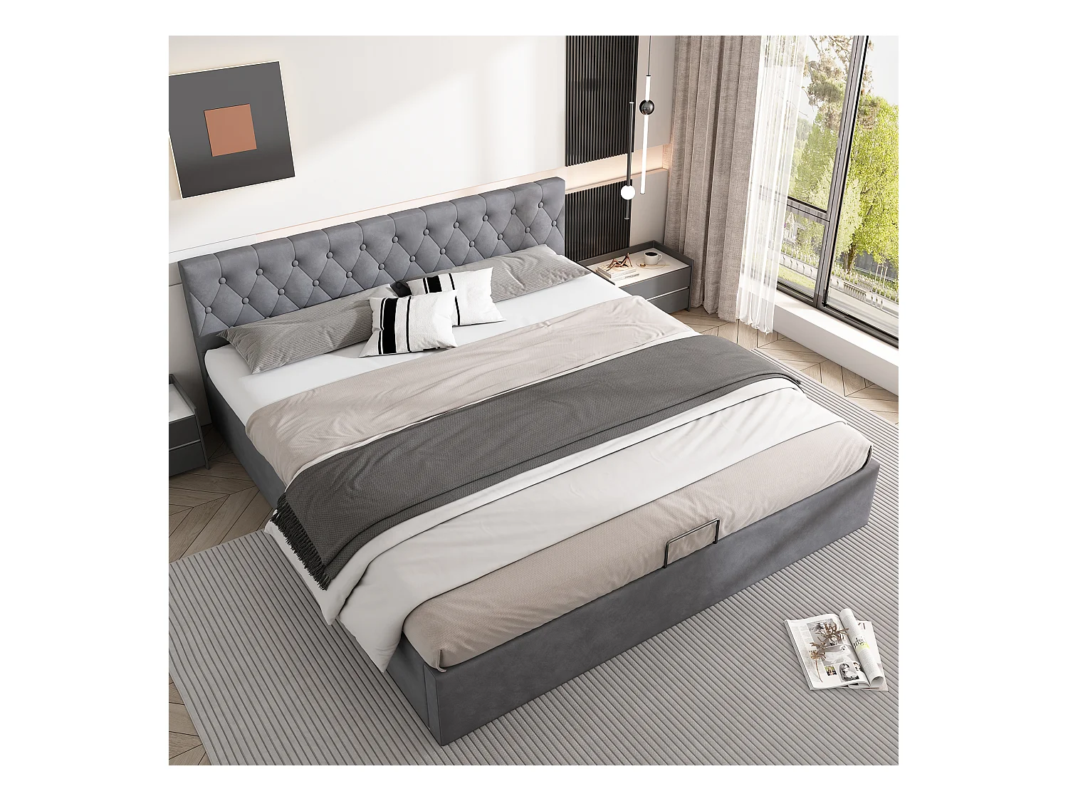 Lit en velours gris 180×200 cm avec tête de lit capitonnée et rangement hydraulique
