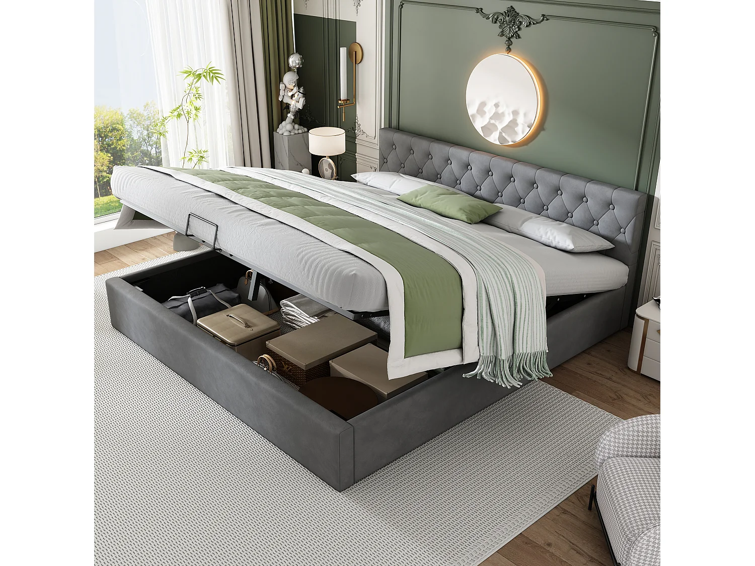 Lit en velours gris 180×200 cm avec tête de lit capitonnée et rangement hydraulique