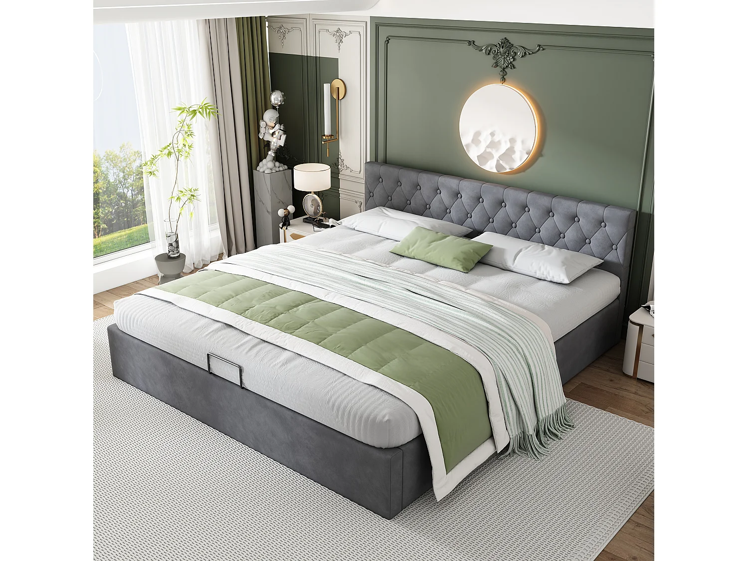 Lit en velours gris 180×200 cm avec tête de lit capitonnée et rangement hydraulique