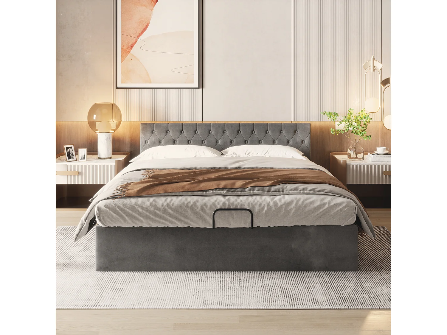 Lit en velours gris 180×200 cm avec tête de lit capitonnée et rangement hydraulique