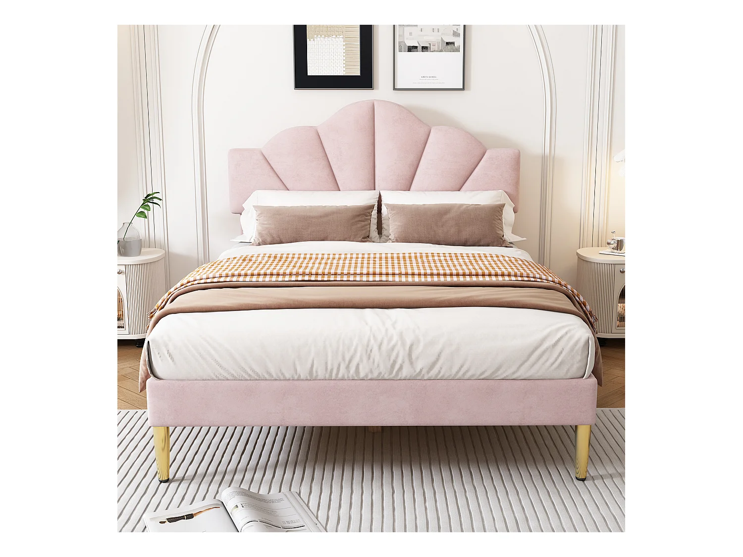 Lit en velours rose 140×200 cm avec tête de lit réglable et pieds en fer doré, design élégant