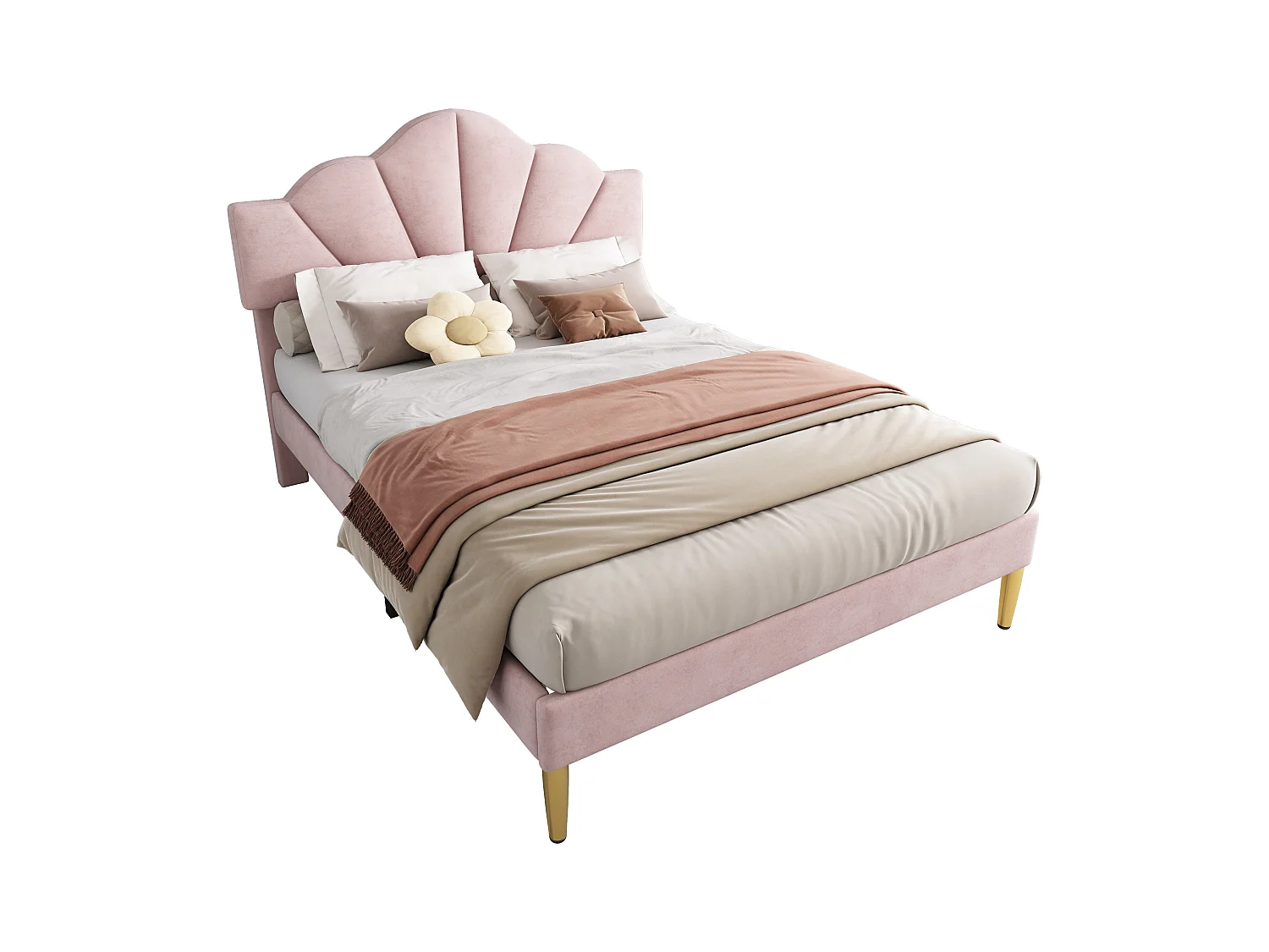 Lit en velours rose 140×200 cm avec tête de lit réglable et pieds en fer doré, design élégant