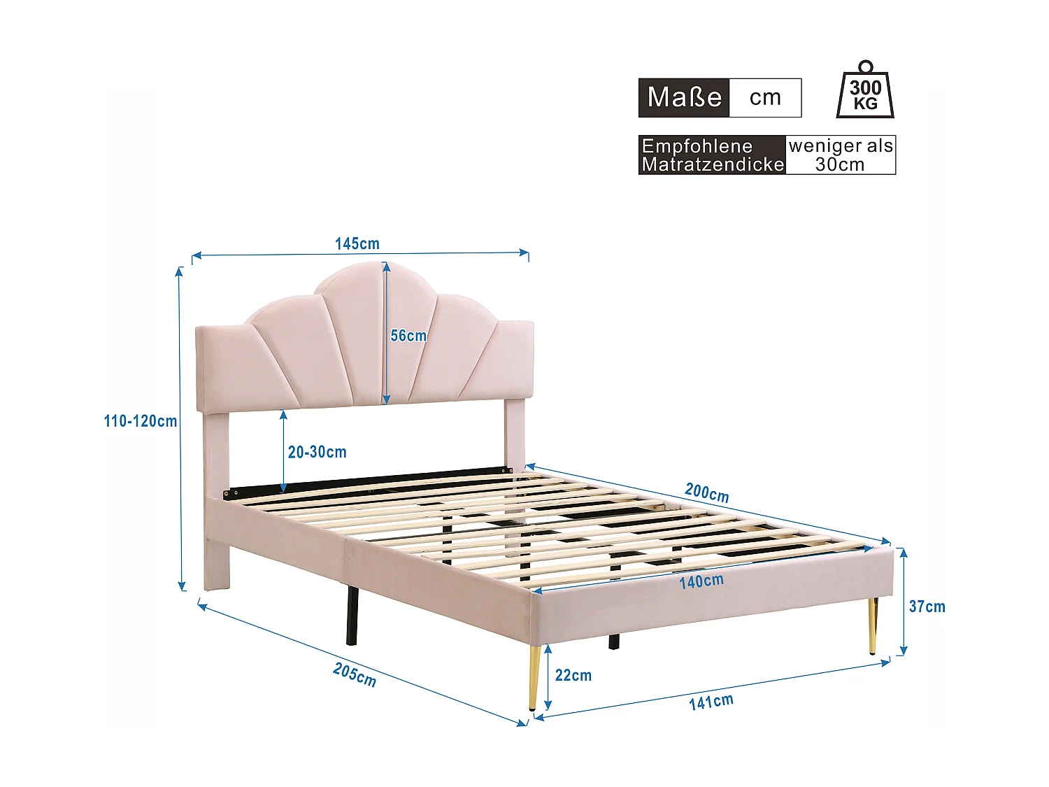 Lit en velours rose 140×200 cm avec tête de lit réglable et pieds en fer doré, design élégant