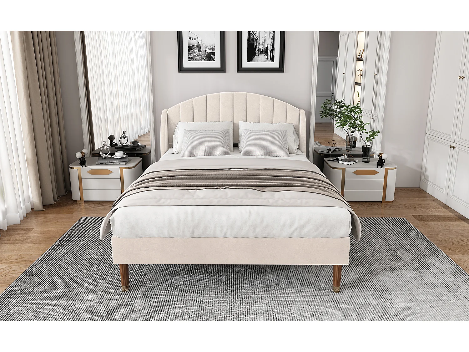Lit rembourré 140×190 cm en velours beige avec sommier à lattes et tête de lit confortable