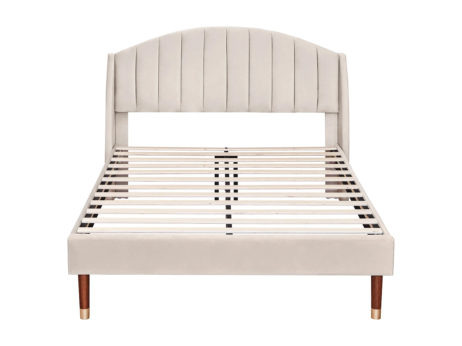 Lit rembourré 140×190 cm en velours beige avec sommier à lattes et tête de lit confortable