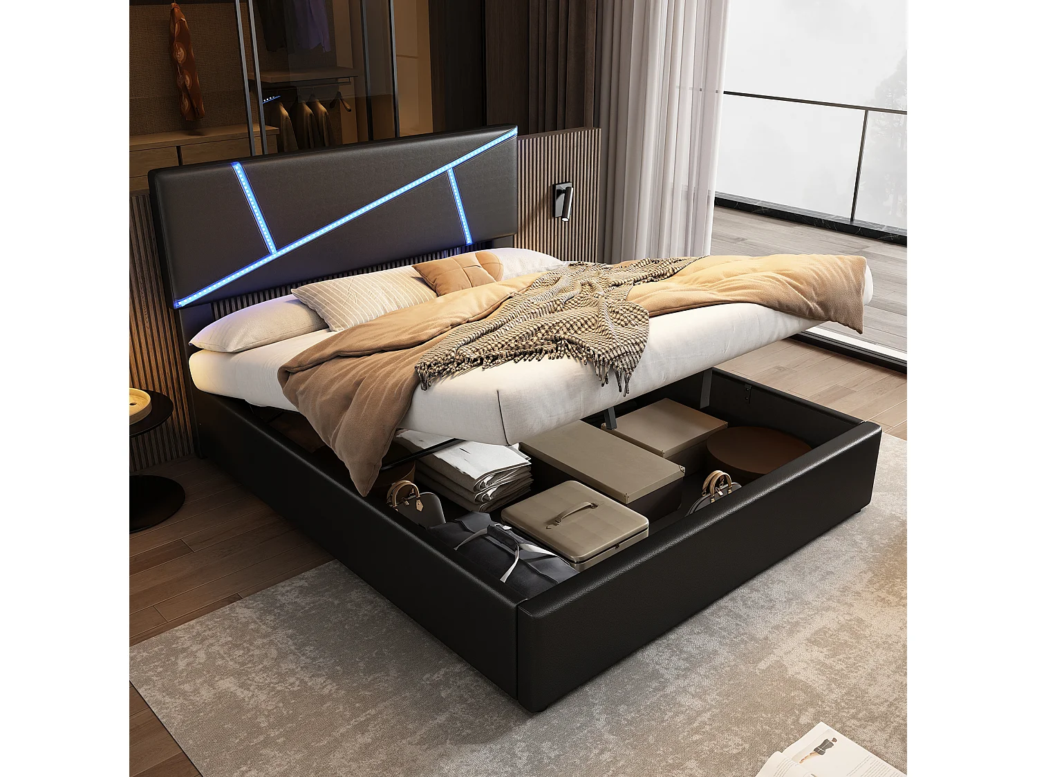 Lit rembourré avec éclairage LED, 140×200 cm, lit double avec sommier à lattes, tête de lit, lit fonctionnel hydraulique, cuir synthétique, noir