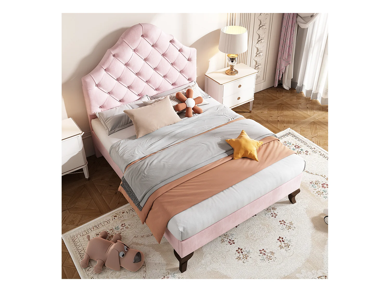 Lit rembourré 90×200 cm en velours rose avec tête de lit réglable et lattes en bois