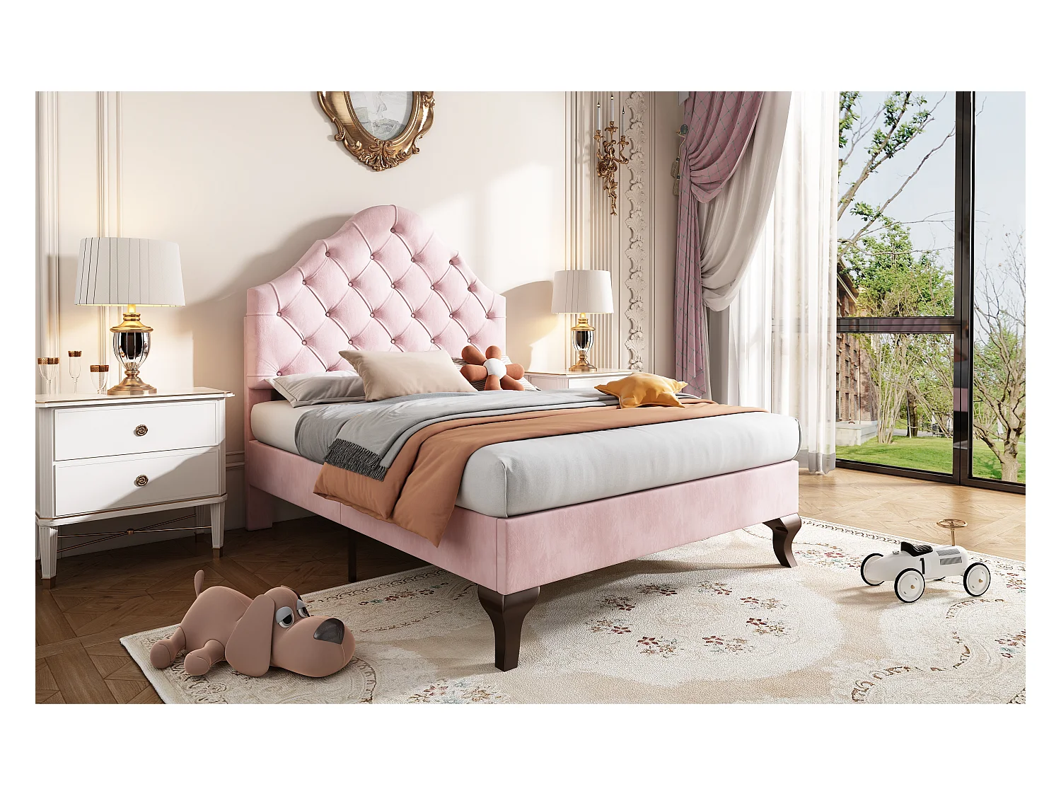 Lit rembourré 90×200 cm en velours rose avec tête de lit réglable et lattes en bois