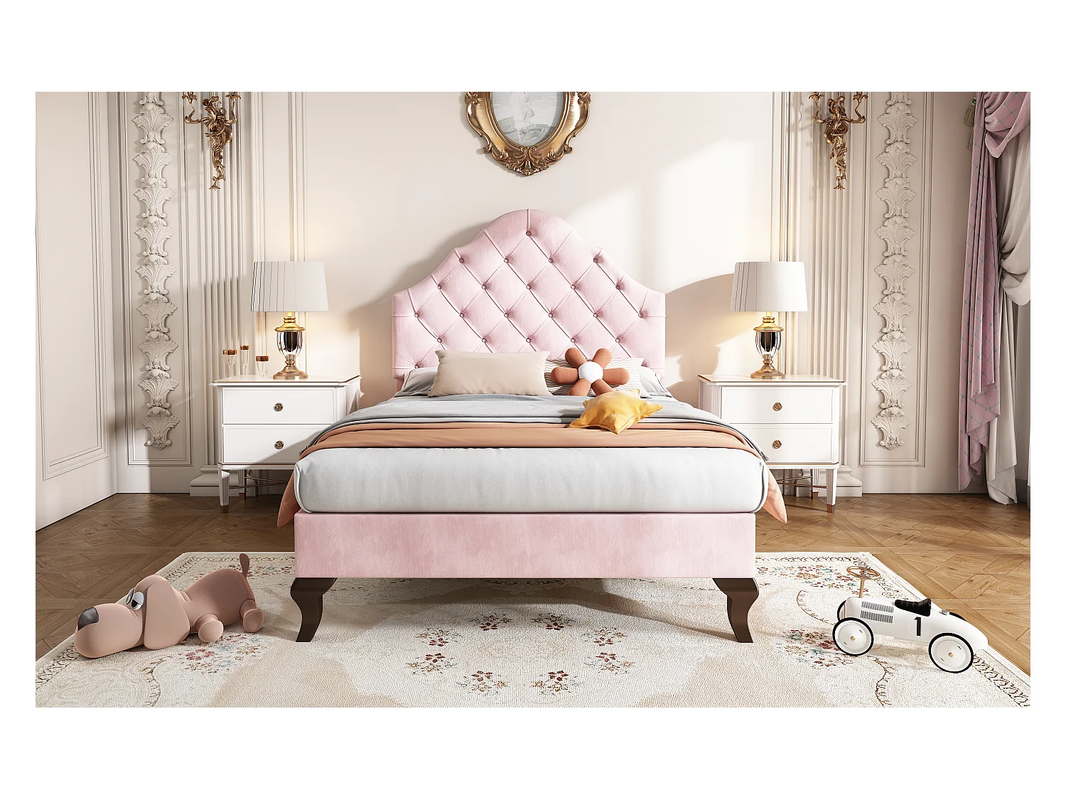 Lit rembourré 90×200 cm en velours rose avec tête de lit réglable et lattes en bois