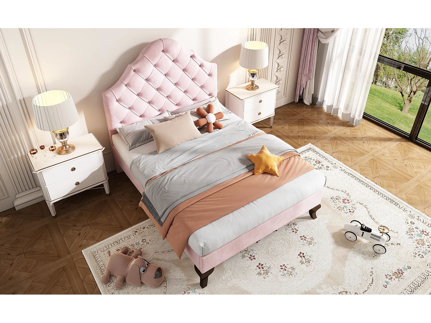 Lit rembourré 90×200 cm en velours rose avec tête de lit réglable et lattes en bois