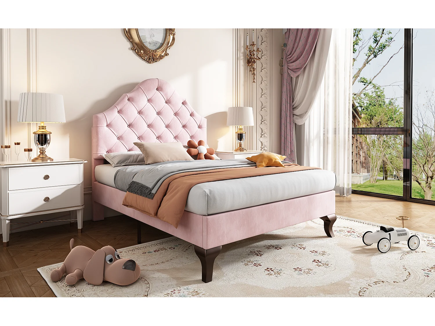 Lit rembourré 90×200 cm en velours rose avec tête de lit réglable et lattes en bois