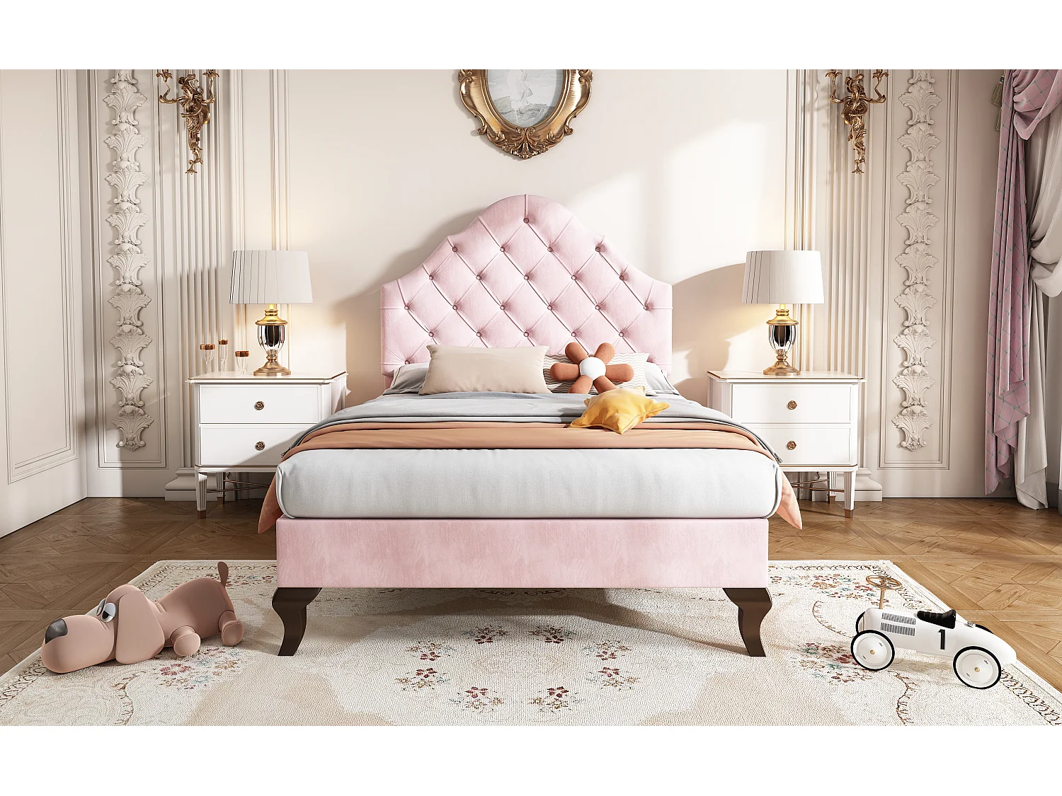 Lit rembourré 90×200 cm en velours rose avec tête de lit réglable et lattes en bois