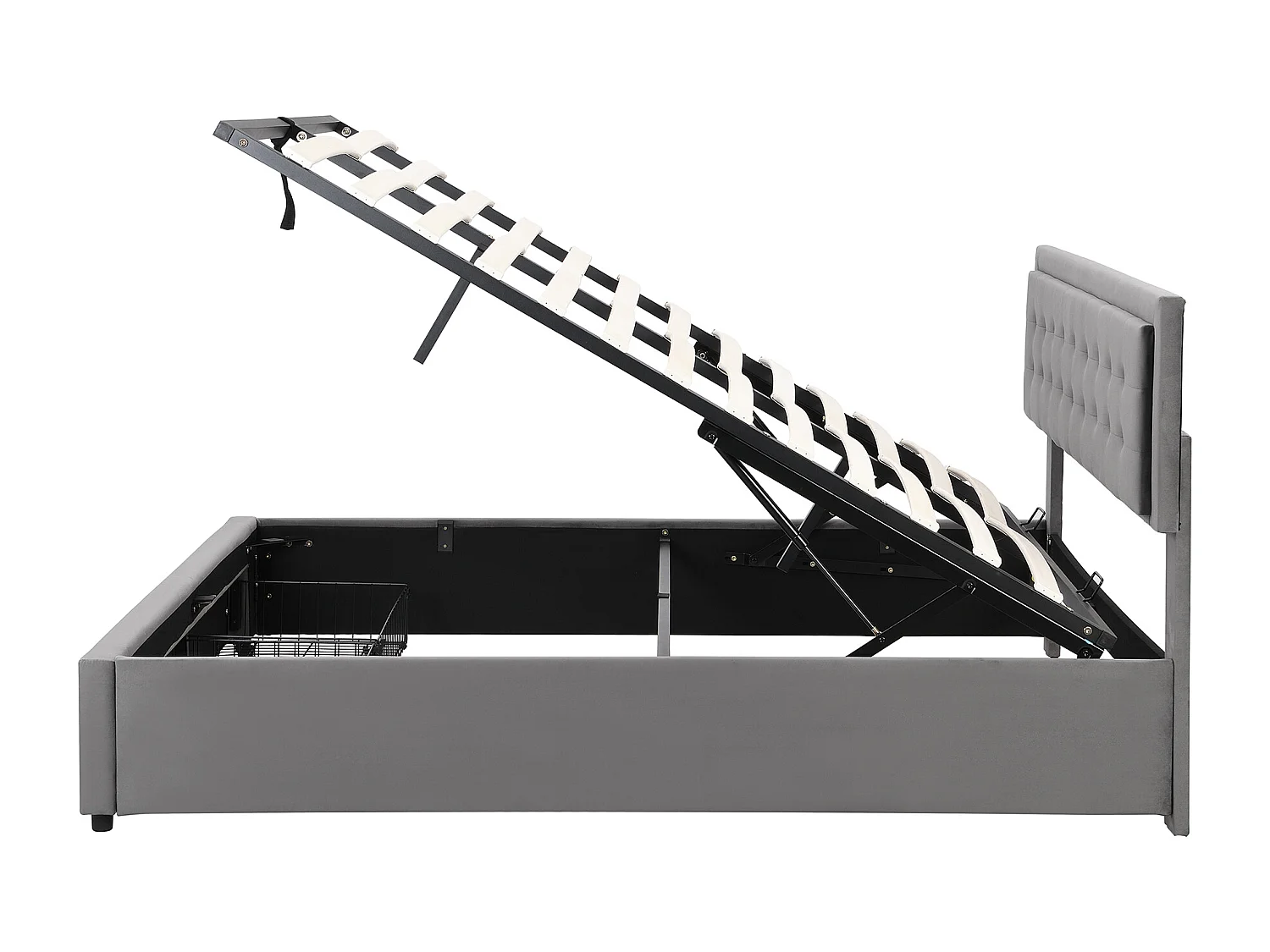 Lit avec rangement et tiroirs, tissu en velours, lit rembourré, 180 x 200 cm, gris, tête de lit réglable