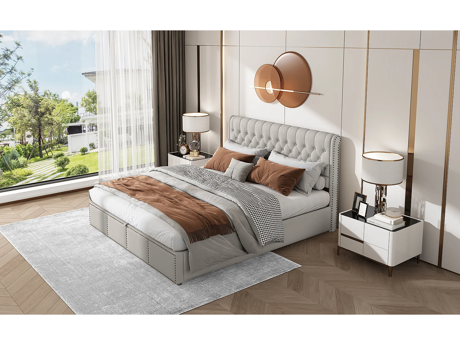 Lit rembourré en lin, 160 x 200 cm, gris, avec rangement et design élégant en clous