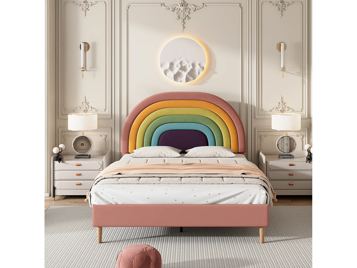 Lit rembourré 140×200 cm, avec sommier à lattes et tête de lit, design moderne en velours rose