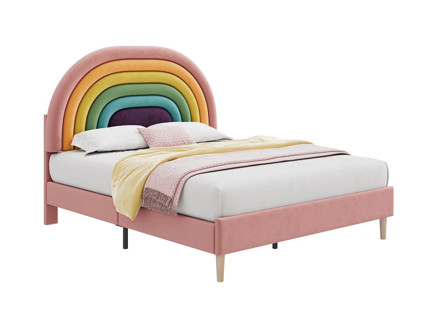 Lit rembourré 140×200 cm, avec sommier à lattes et tête de lit, design moderne en velours rose