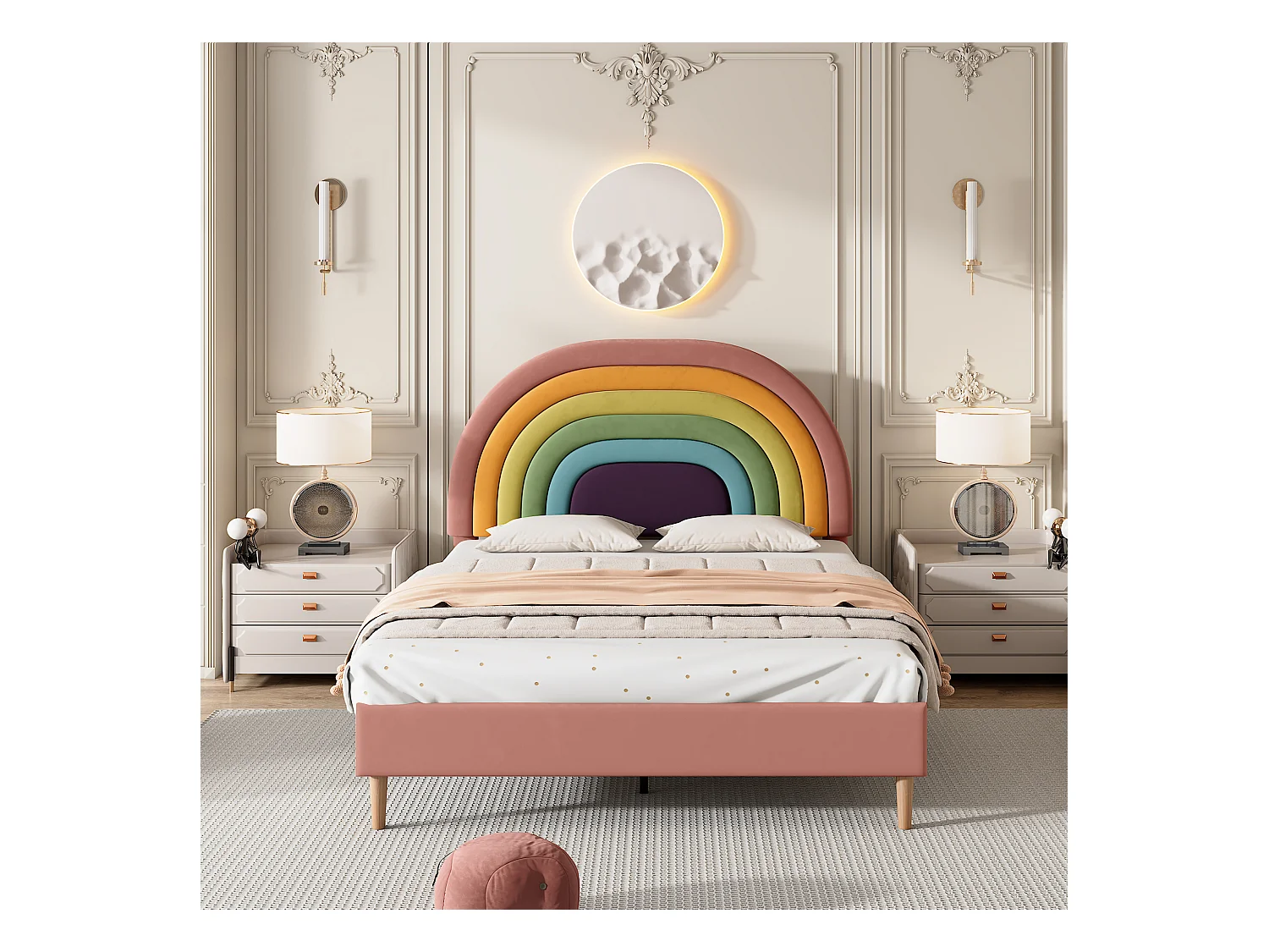 Lit rembourré 140×200 cm, avec sommier à lattes et tête de lit, design moderne en velours rose
