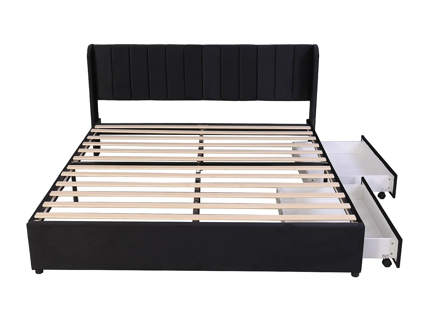 Lit en velours noir 180 x 200 cm avec tête de lit, sommier à lattes et 2 tiroirs de rangement