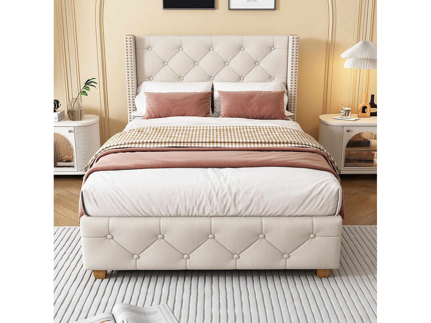 Lit rembourré 90×200 cm avec sommier à lattes et tête de lit, capitonnage, clous décoratifs, pieds en bois, lin, beige