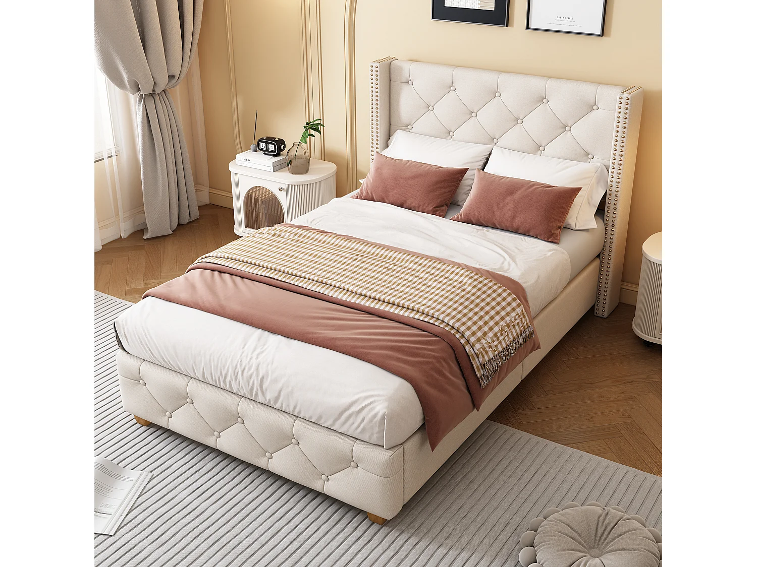 Lit rembourré 90×200 cm avec sommier à lattes et tête de lit, capitonnage, clous décoratifs, pieds en bois, lin, beige